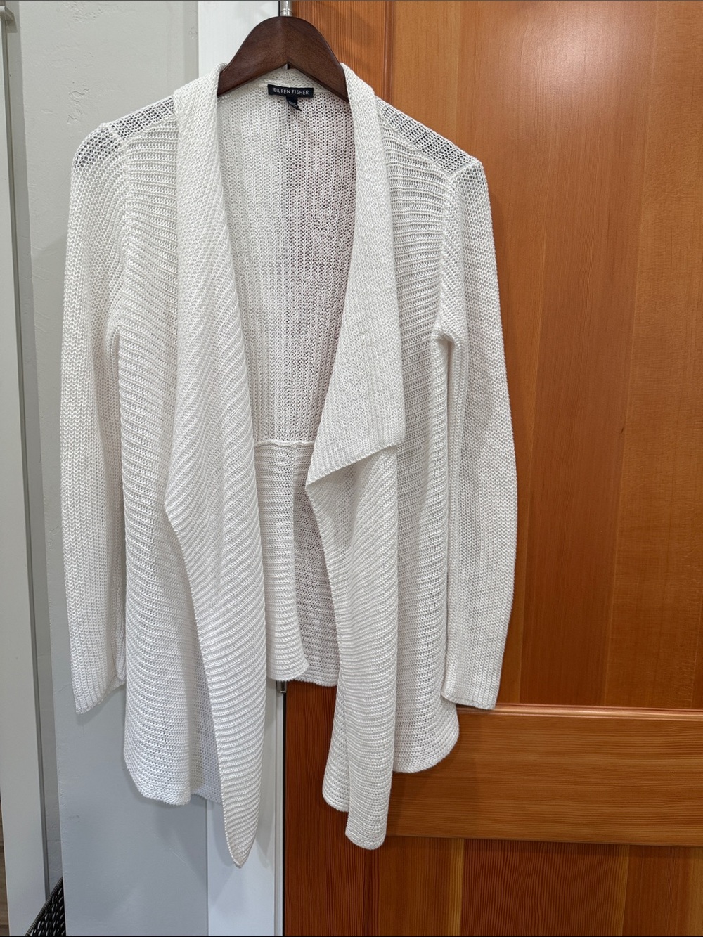 Eileen Fisher White Organic Linen Ribbed Drape Front Cardigan Sweater Size XS